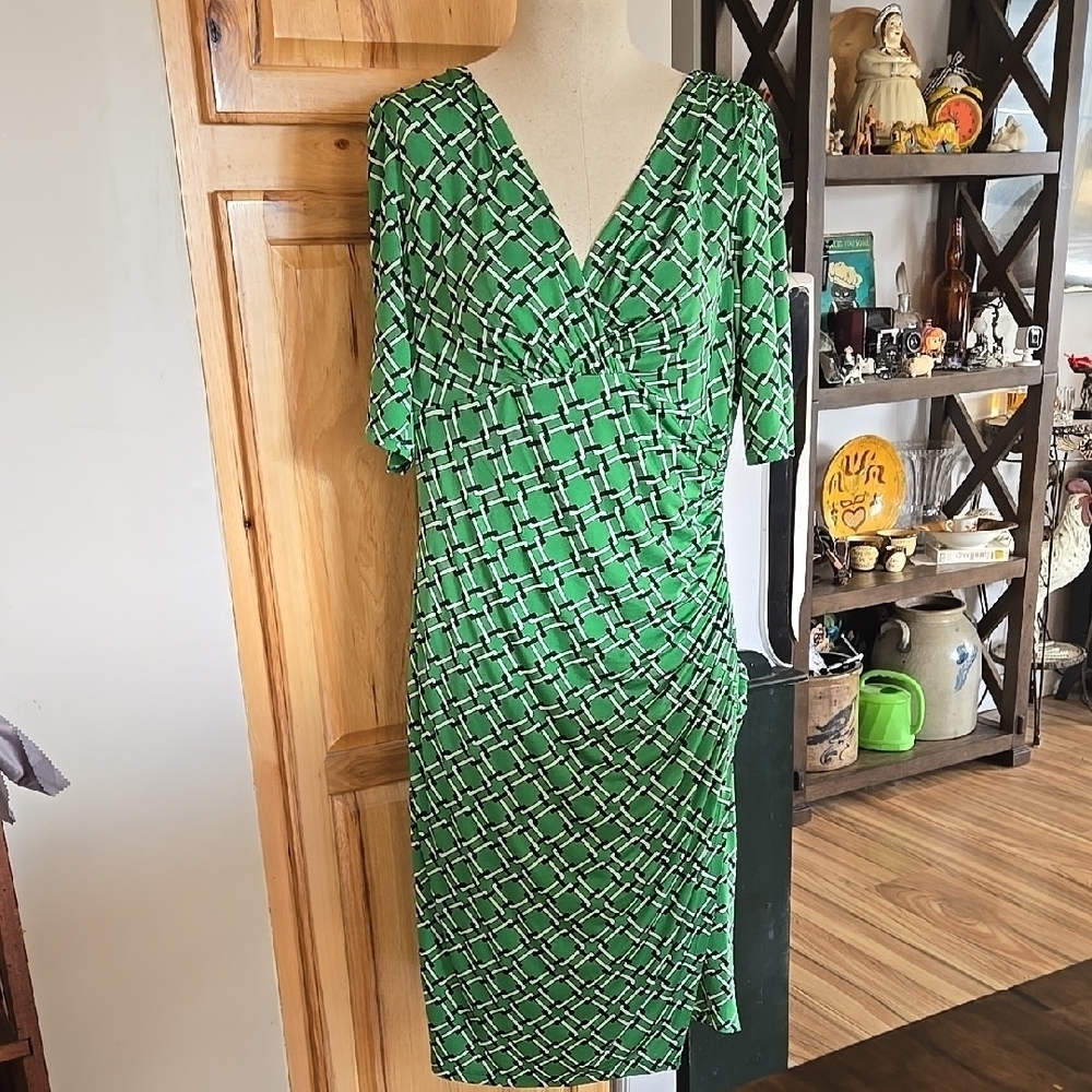 Lauren Ralph Lauren Green Geometric Print Dress Womens Size 12 Faux Wrap